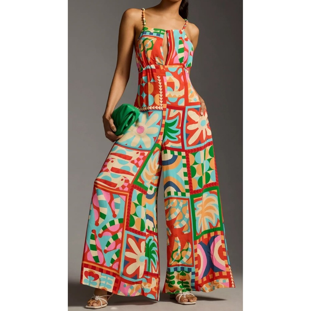 Farm Rio Anthropologie Cutout Halter Jumpsuit Med Brazilian Tropical Bold Print